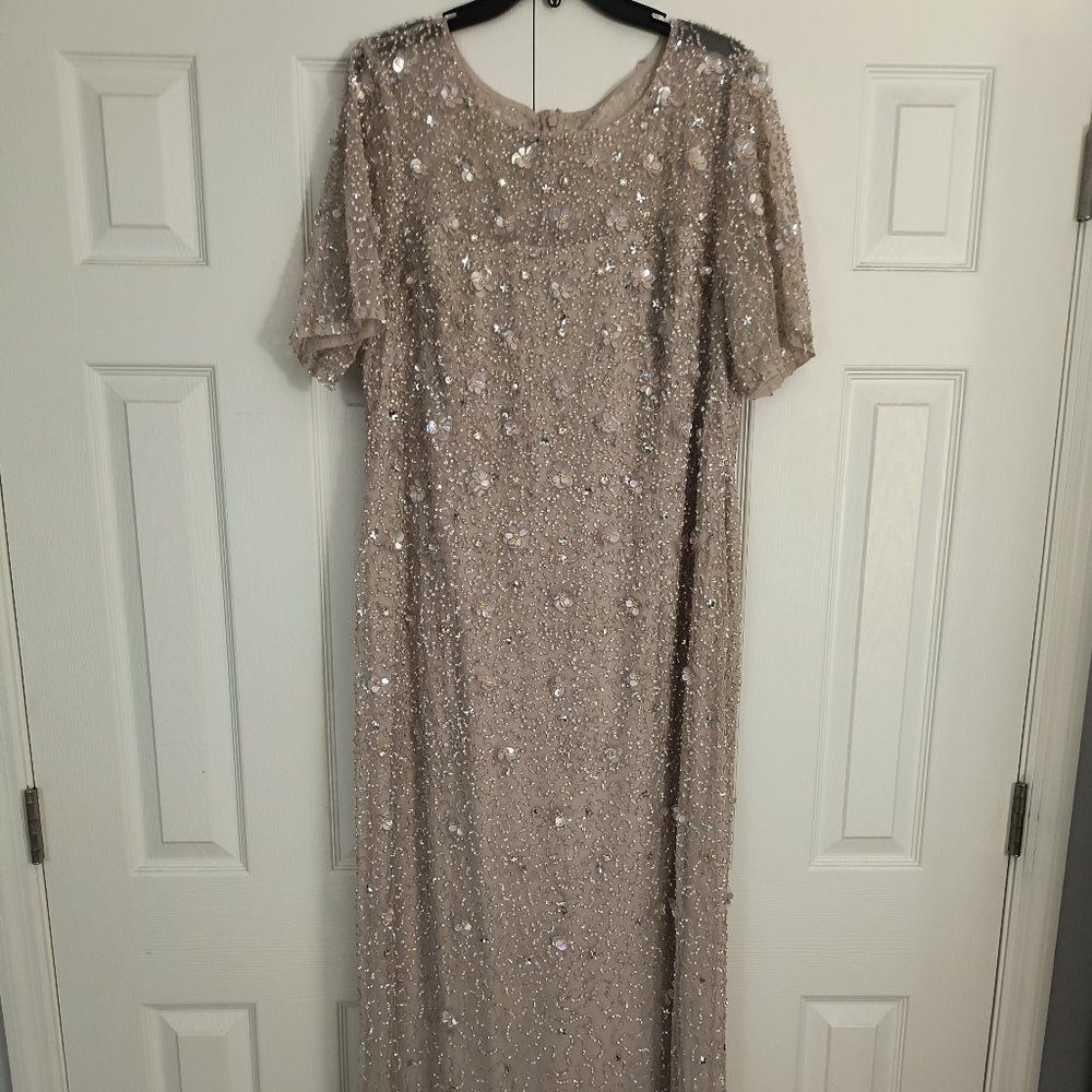Adrianna Papell Plus Size Floral Beaded Mesh Round Neck Short Sleeve Gown